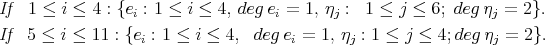If  1 ≤ i ≤ 4 : {ei : 1 ≤ i ≤ 4, degei = 1, ηj : 1 ≤ j ≤ 6; deg ηj = 2}.  If 5 ≤  i ≤ 11 : {ei : 1 ≤ i ≤ 4, deg ei = 1, ηj : 1 ≤ j ≤ 4;deg ηj = 2}.  
