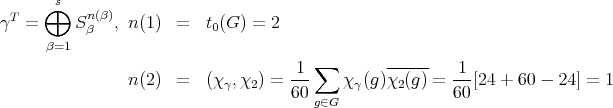  ⊕ s γT = Snβ(β), n(1) = t0(G ) = 2 β=1 1 ∑ ------ 1 n(2) = (χ γ,χ2) = --- χγ(g)χ2(g) = --[24 + 60 - 24] = 1 60 g∈G 60 